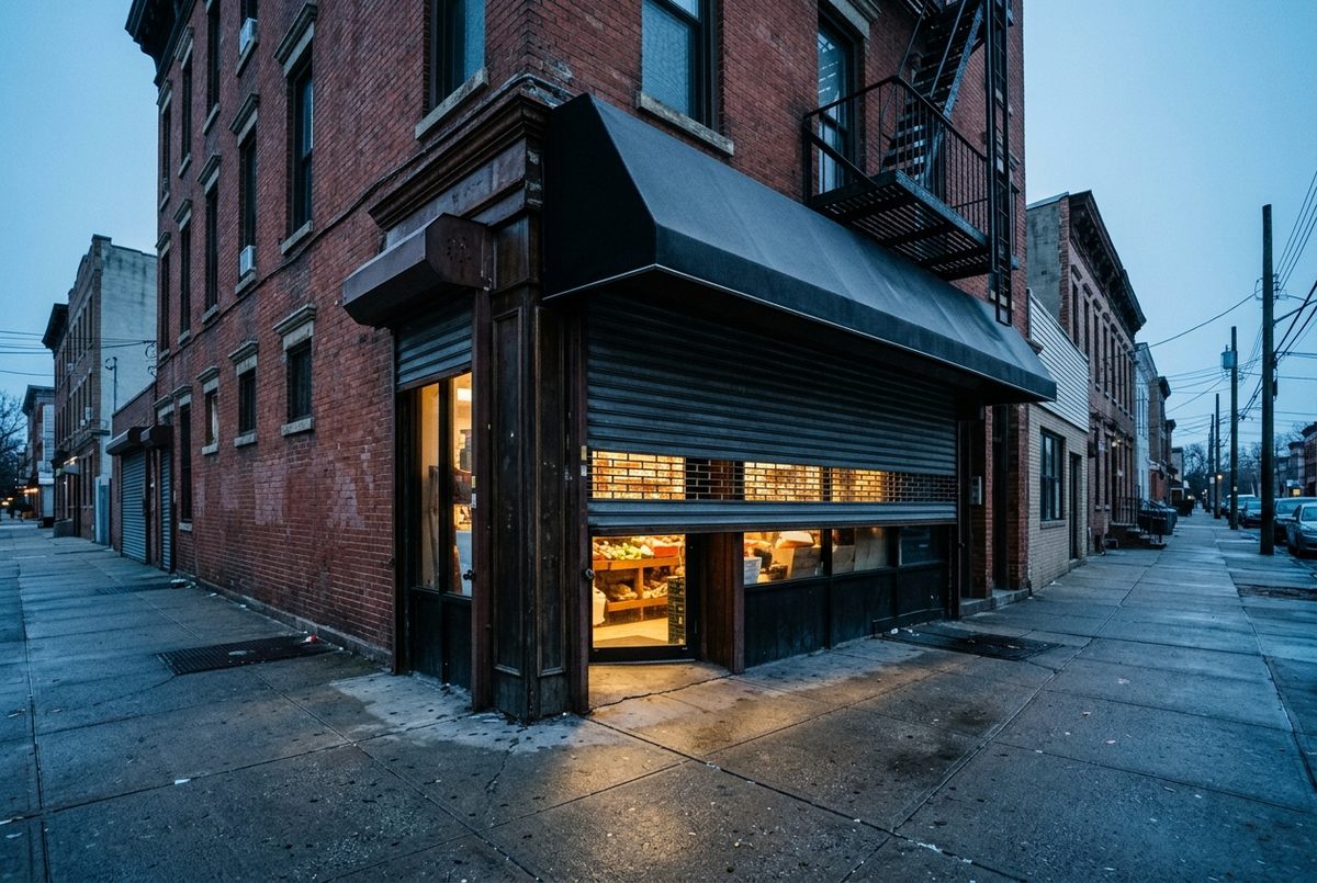 A corner shop at dawn with its roll gate half raised and a warm lit interior