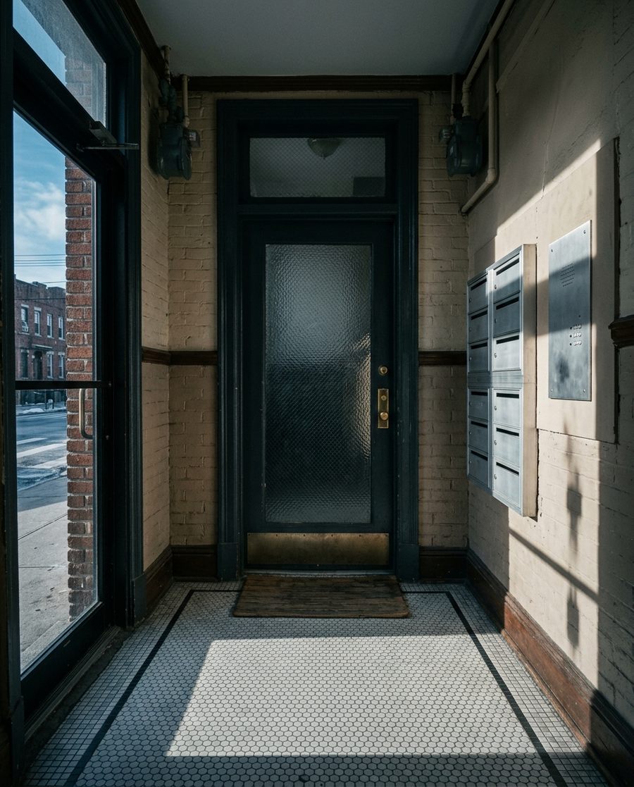 A walk-up vestibule with a wired-glass door, mailboxes, and hex tile floor